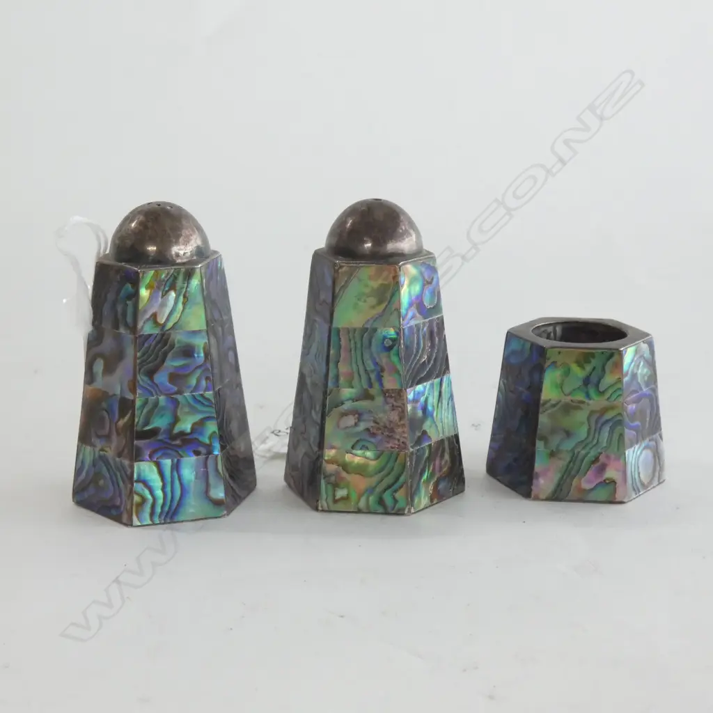 VINTAGE SET STG SILVER & ATAAHUA PAUA SHELL 3 PC SET; S&P (H 62MM) & MUSTARD Image 1++