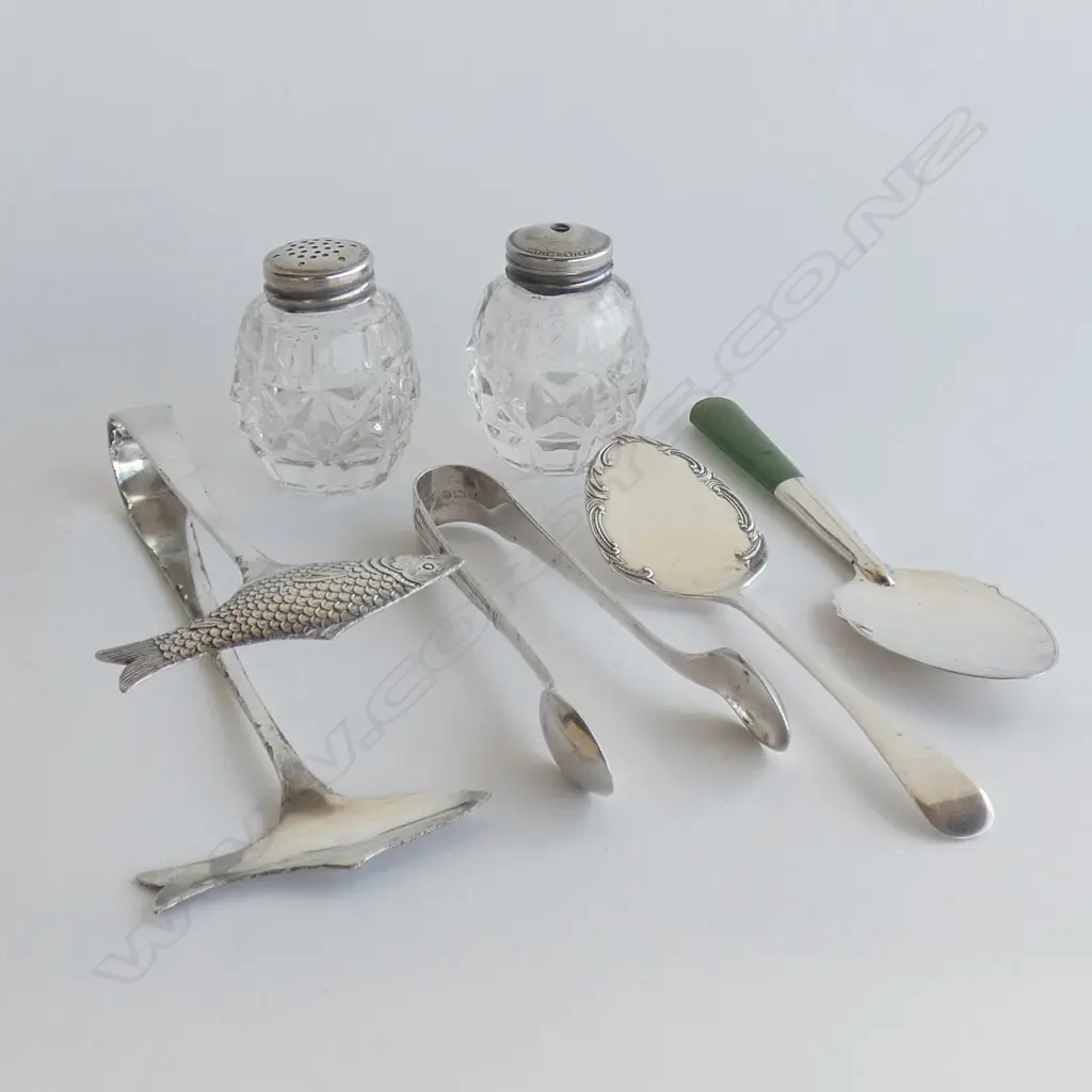 2 STG SILVER SPOONS + STG TONGS, EP FISH TONGS, PR STG TOPPED SALT & PEPPER Image 1++