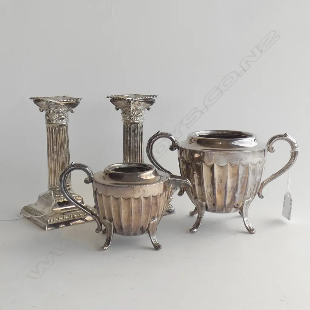 VINTAGE SILVER PLATE CANDLE HOLDERS (H 160MM) + SHEFFIELD SILVER PLATE JUG & SUGAR BOWL  Image 1++