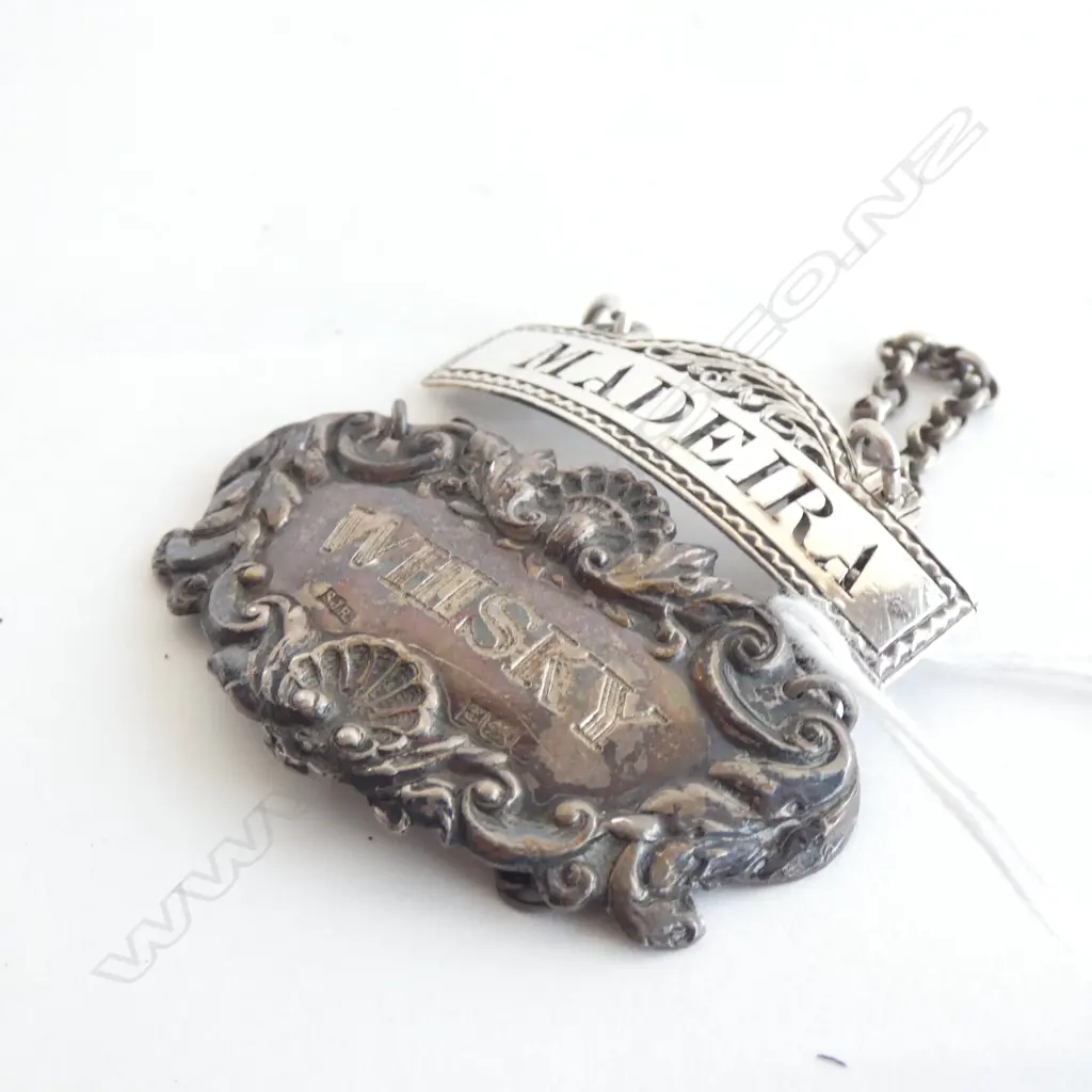 2 STG SILVER BOTTLE TICKETS; MADEIRA HESTER BATEMAN LONDON C.1789, WHISKY B'HAM 1975 17 GRAMS Image 1++