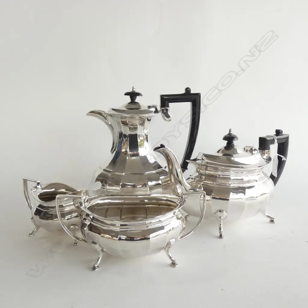 4 PC CORONET SILVER PLATE ART DECO TEA & COFFEE SET; TEAPOT / COFFEE POT / MILK JUG & SUGAR BOWL - IN LOVELY CONDITION Image 1++