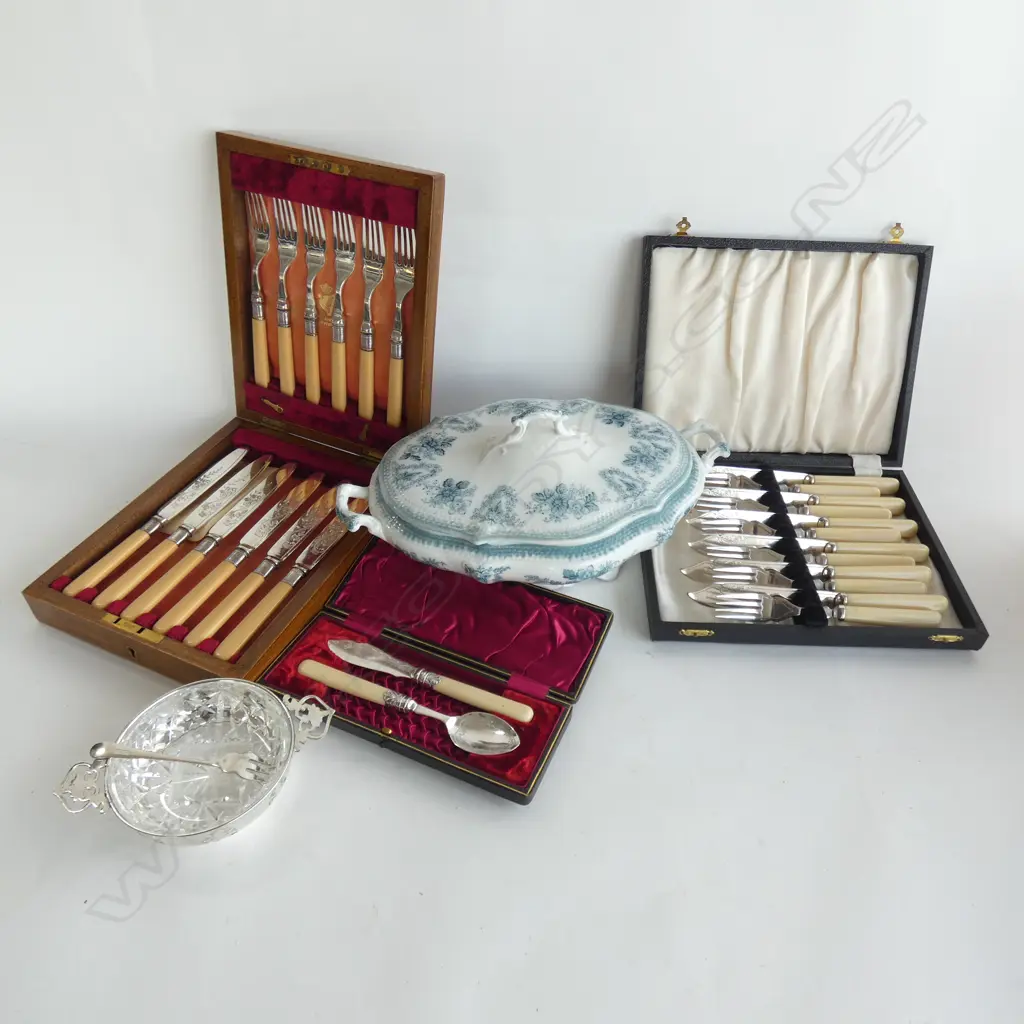 2 SETS 6 PLACE FISH SETS, CASED + KNIFE & SPOON CASE, TUREEN ETC Image 1++