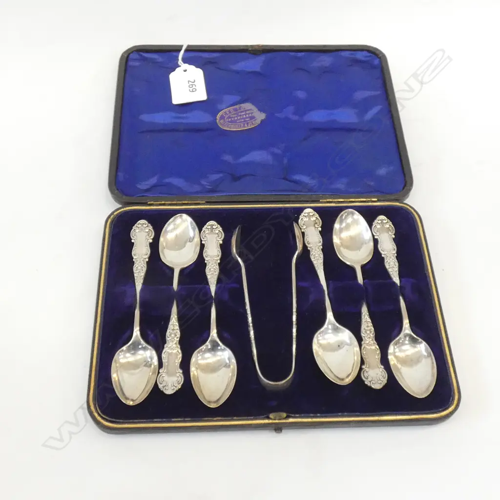 BOXED SET EDW. TEASPOONS w. TONGS, B'HAM 1903 120 GRAMS Image 1++