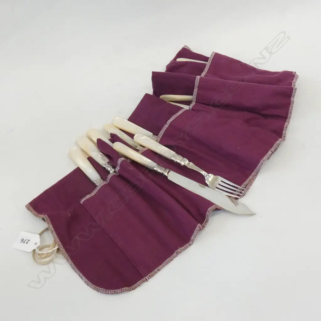 12 SILVER PLATE WITH STG COLLARS & MOP HANDLED FISH KNIVES & FORKS, SHEFFIELD 1910 IN BAG Image 1++
