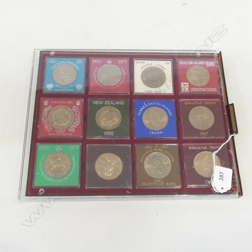 CASE OF 12 UNC NZ $1 + UK CROWNS ETC PLASTIC CASES 1980'S ETC Image 1++