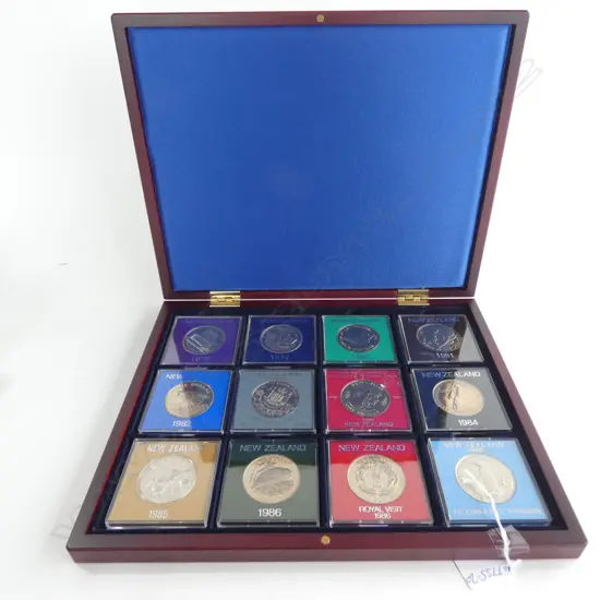 CASE OF 12 UNC NZ $1 COINS EA IN PLASTIC CASE 1980'S ETC