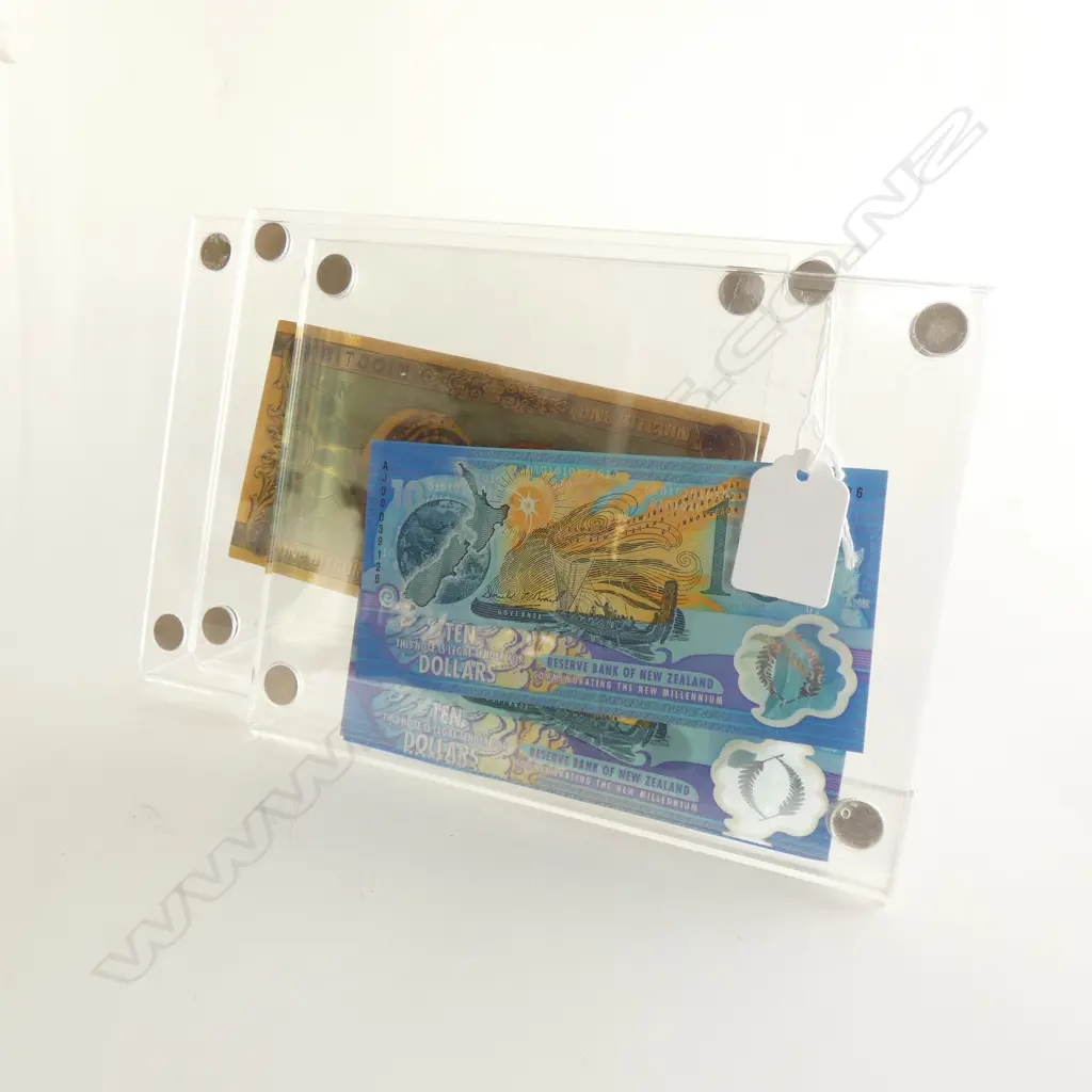 3 NOTES IN CLEAR FRAMES; 2x NZ MILLENIUM $10 + 1 BITCOIN Image 1++
