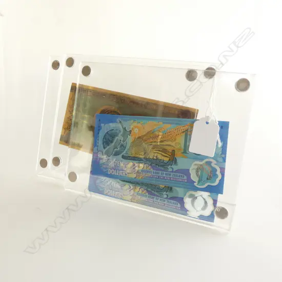3 NOTES IN CLEAR FRAMES; 2x NZ MILLENIUM $10 + 1 BITCOIN