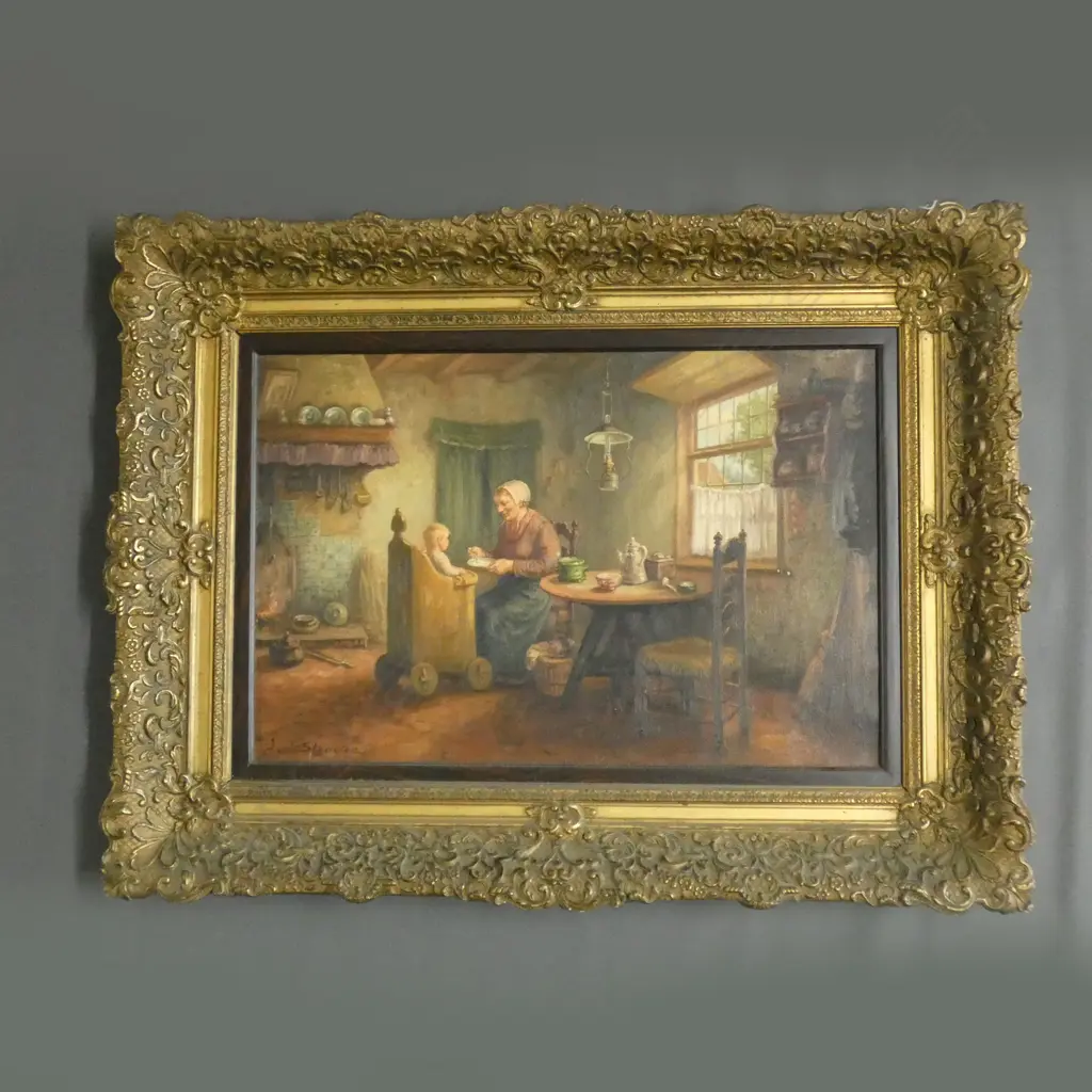 J VAN STRAETEN, OIL ON CANVAS, FEEDING THE CHILD. 380 x 580mm Image 1++