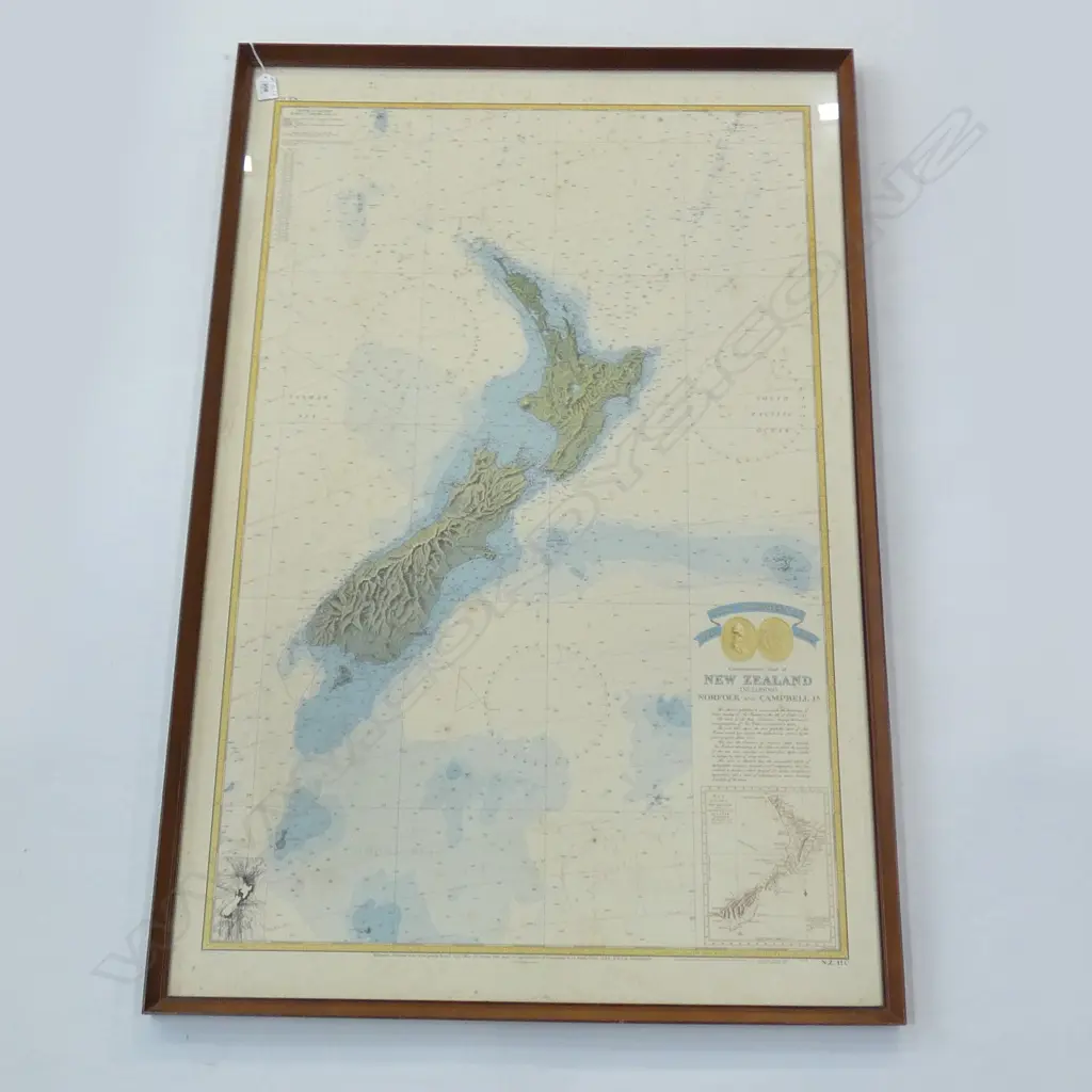 FRAMED MAP OF NZ & COOKS SAILING ROUTE 1:3M SCALE 1000x650mm Image 1++