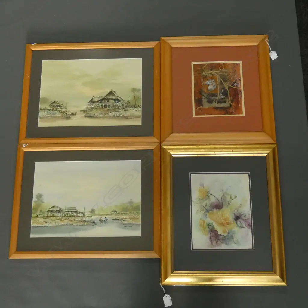 4 ARTWORKS; FLORAL, 2 AISAN, MIXED MEDIA 165x195mm Image 1++