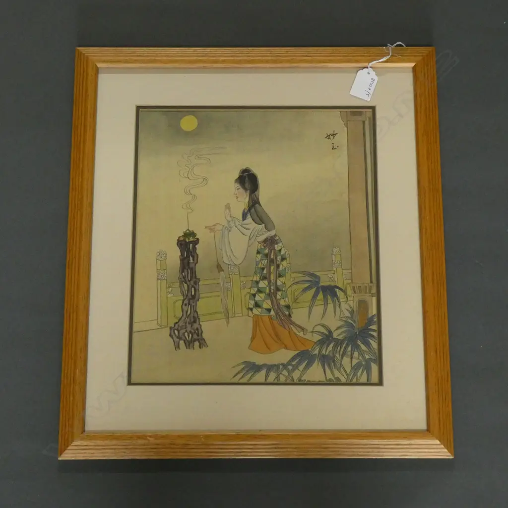 CHINESE W/C FEMALE LIGHTING INCENSE, SIGNED, 260 x 300mm.  Image 1++