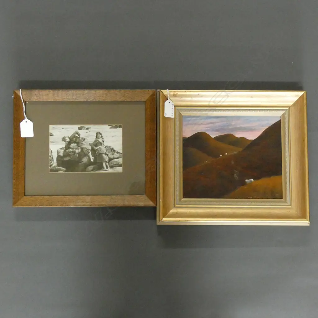 2 ARTWORKS; BEV TAYLOR 'SUMMER SUNSET NORTHLAND II' OIL ON BOARD 170x195mm, GIRLS ON BEACH PHOTO C.1880 Image 1++