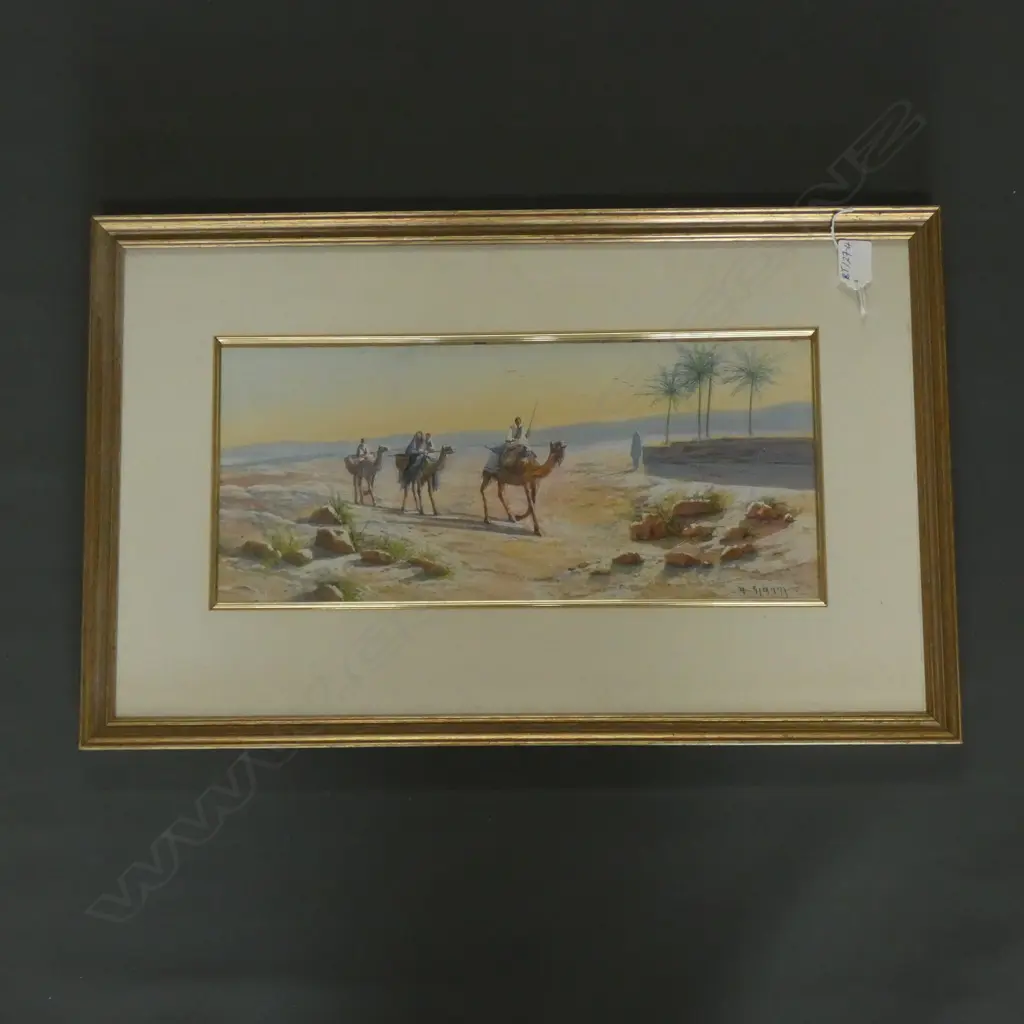 (17812) M GIANNI  GOUACHE EGYPTIAN CAMELS & FIGURES 185 X 420mm Image 1++
