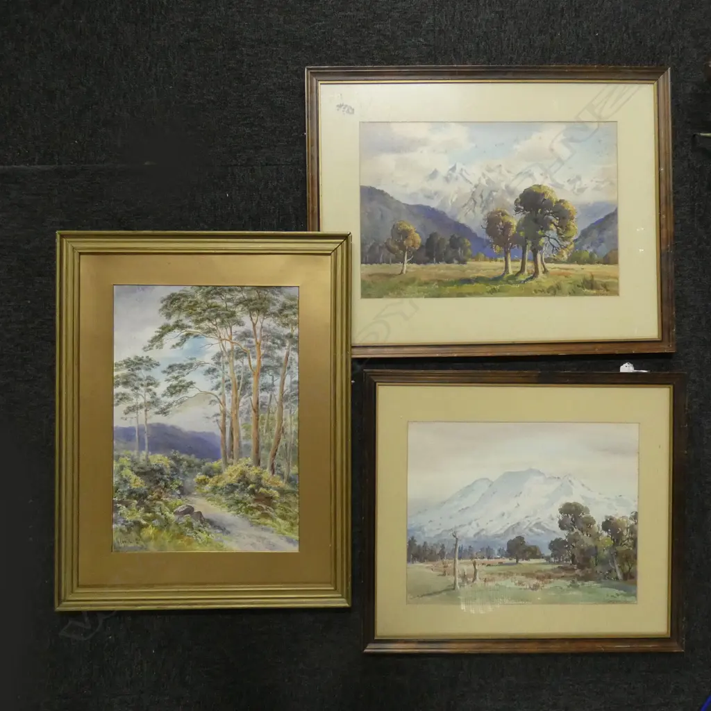 2 WATERCOLOURS ON BOARD MOUNTAIN SCENES BY C T LAUGESEN '35  440 X 345MM + ONE OTHER Image 1++