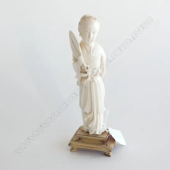 CARVED IVORY CHINESE GODDESS OF HAPPINES 'QUAN YEN' - w WOODEN STAND H. 185MM