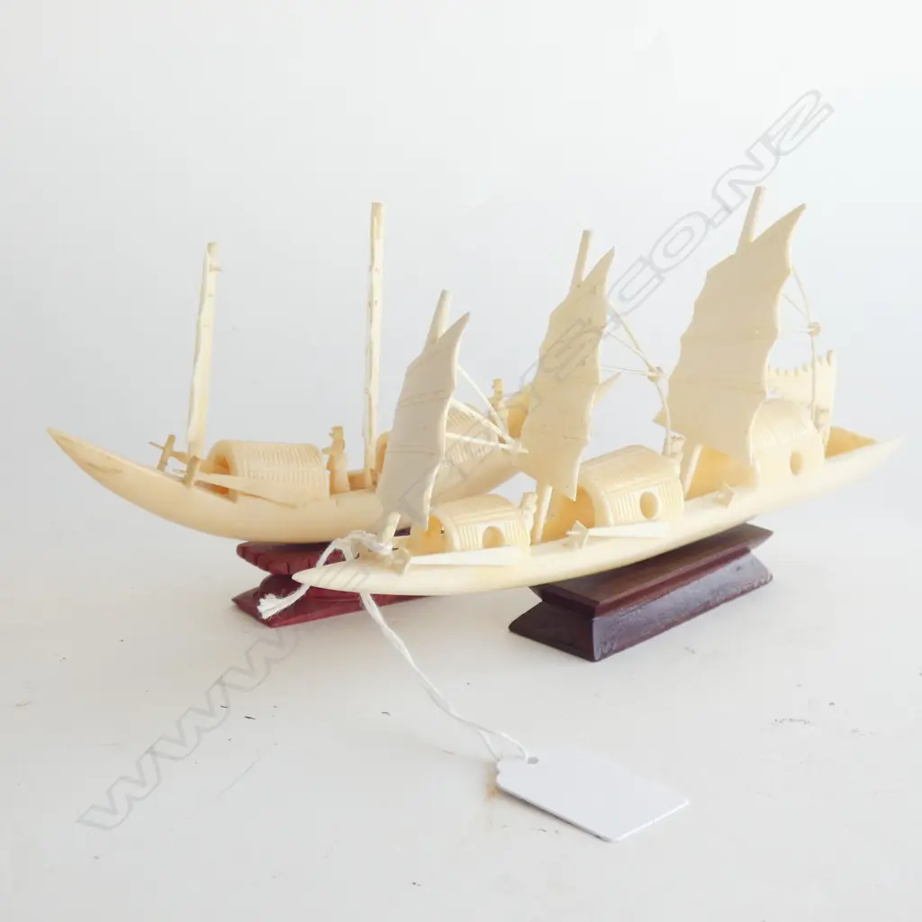2 CHINESE IVORY CARVED SAILING BOATS w WOODEN STANDS (LONGEST 220MM) Image 1++