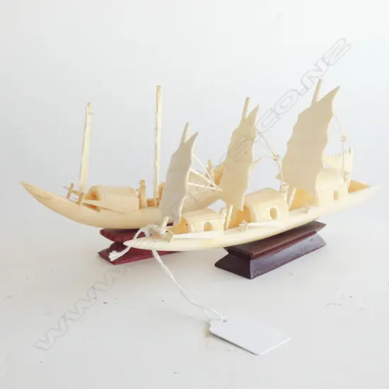 2 CHINESE IVORY CARVED SAILING BOATS w WOODEN STANDS (LONGEST 220MM)