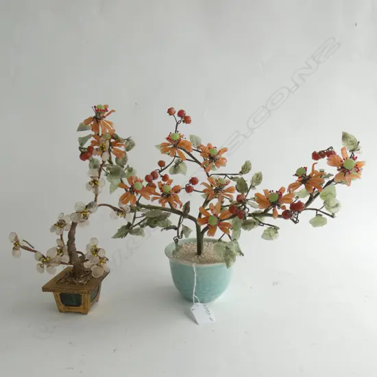 2 ORIENTAL JADE TREES; 1 SM CRYSTAL BLOSSOMS IN BRASS POT (H 240MM) & LG STONE FLOWERS & FRUITS (390 X 300MM)