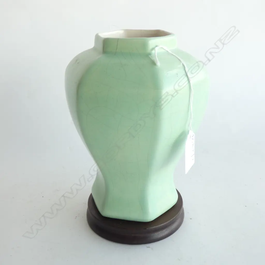 CHINESE TURQUOISE CRACKLE GLAZE VASE w. STAND H.190mm Image 1++