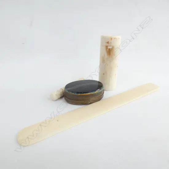 AGATE MOUNTED SNUFF BOX (AF), BONE CANISTER, IVORY NEEDLE CASE & PAPER KNIFE