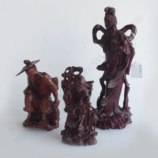 THREE WOODEN CARVED ORIENTAL FIGURES - TALLEST H  265MM