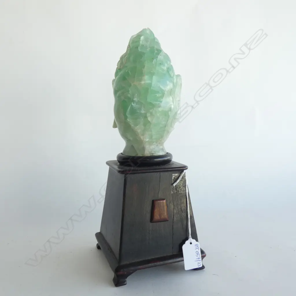 JADE-GREEN GLASS BUDDHA HEAD ON EBONISED STAND H.300mm Image 1++