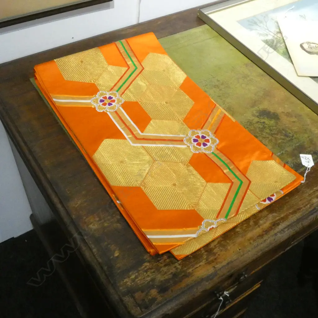TRADITIONAL JAPANESE SILK WOVEN OBI SASH - ORANGE & GOLD Image 1++