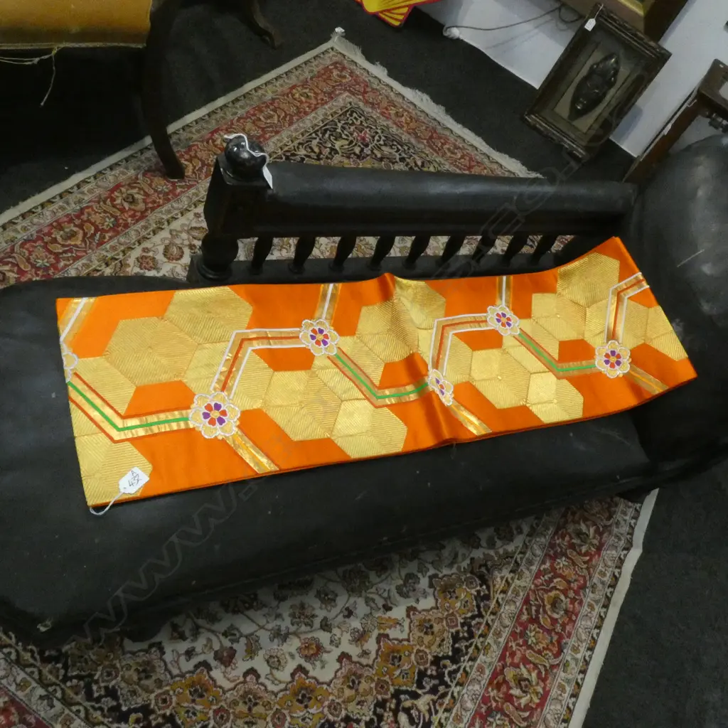 TRADITIONAL JAPANESE SILK WOVEN OBI SASH - ORANGE & GOLD Image 1++
