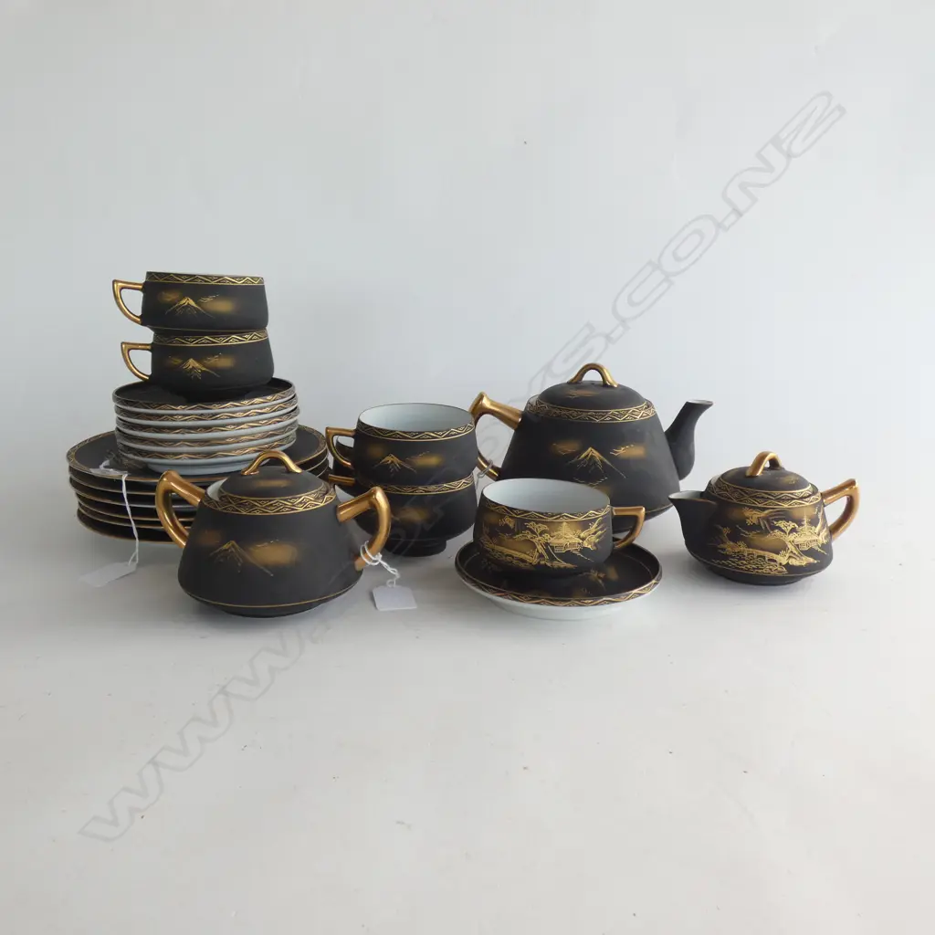 (17809)  SATSUMA EGG SHELL  21 PCE TEASET - HAND PAINTED GOLD ON MATTE BLACK BACKGROUND ... Image 1++