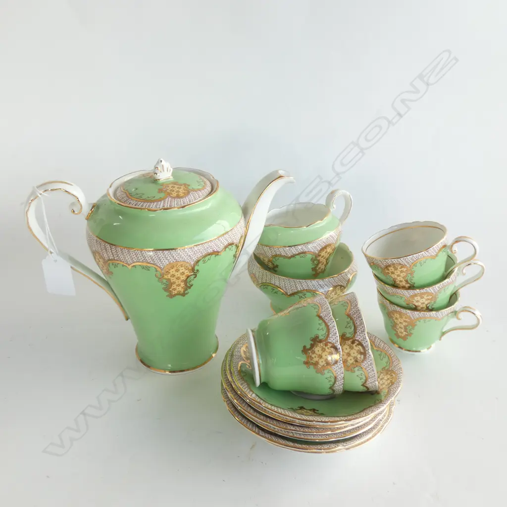 14 PCE AYNSLEY COFFEE SET; 5 CUPS, 6 SAUCERS, MILK, SUGAR, JUG Image 1++