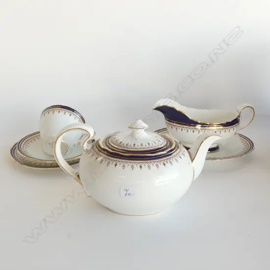AYNSLEY BLUE & GILT TEAPOT / GRAVY BOAT & SAUCER & 1 TRIO 