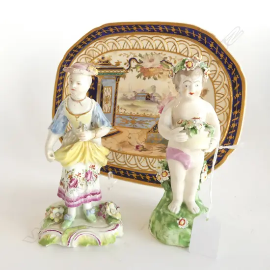 OLD DENBY OVAL PLATE (240 X 190MM) & 2 OLD FIGURINES H 165MM