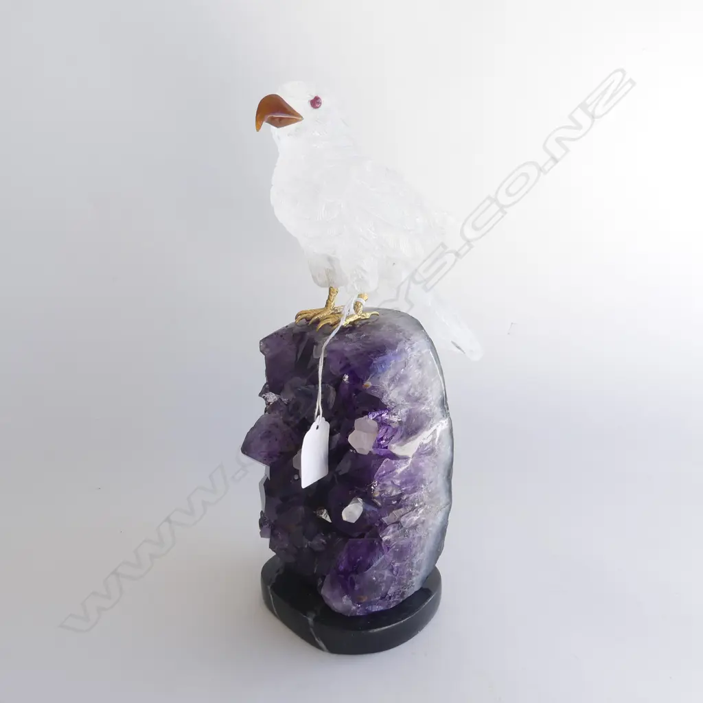 ROCK CRYSTAL CARVED EAGLE ON PURPLE AMETHYST BASE H.295mm Image 1++