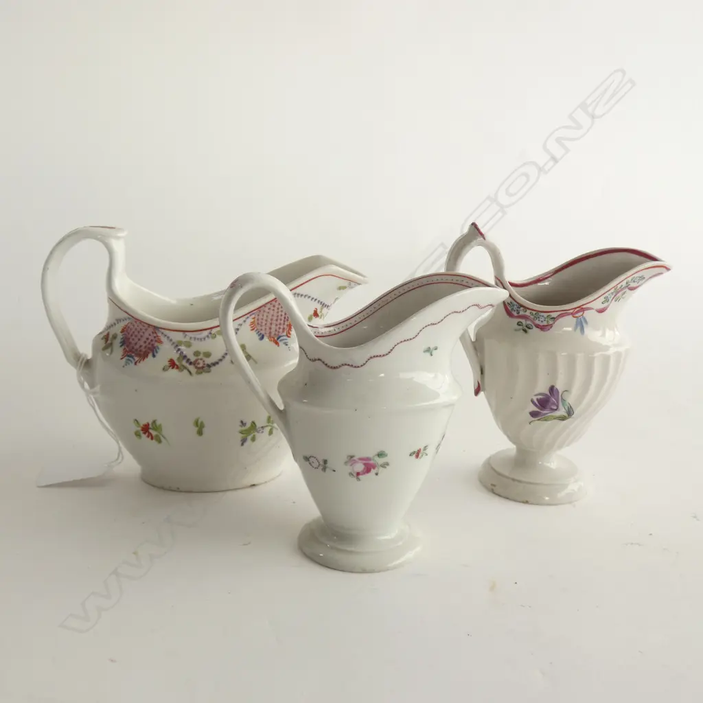 3 ANTIQUE CREAM JUGS; BRISTOL c.1780, COALPORT C.1805, OTHER Image 1++