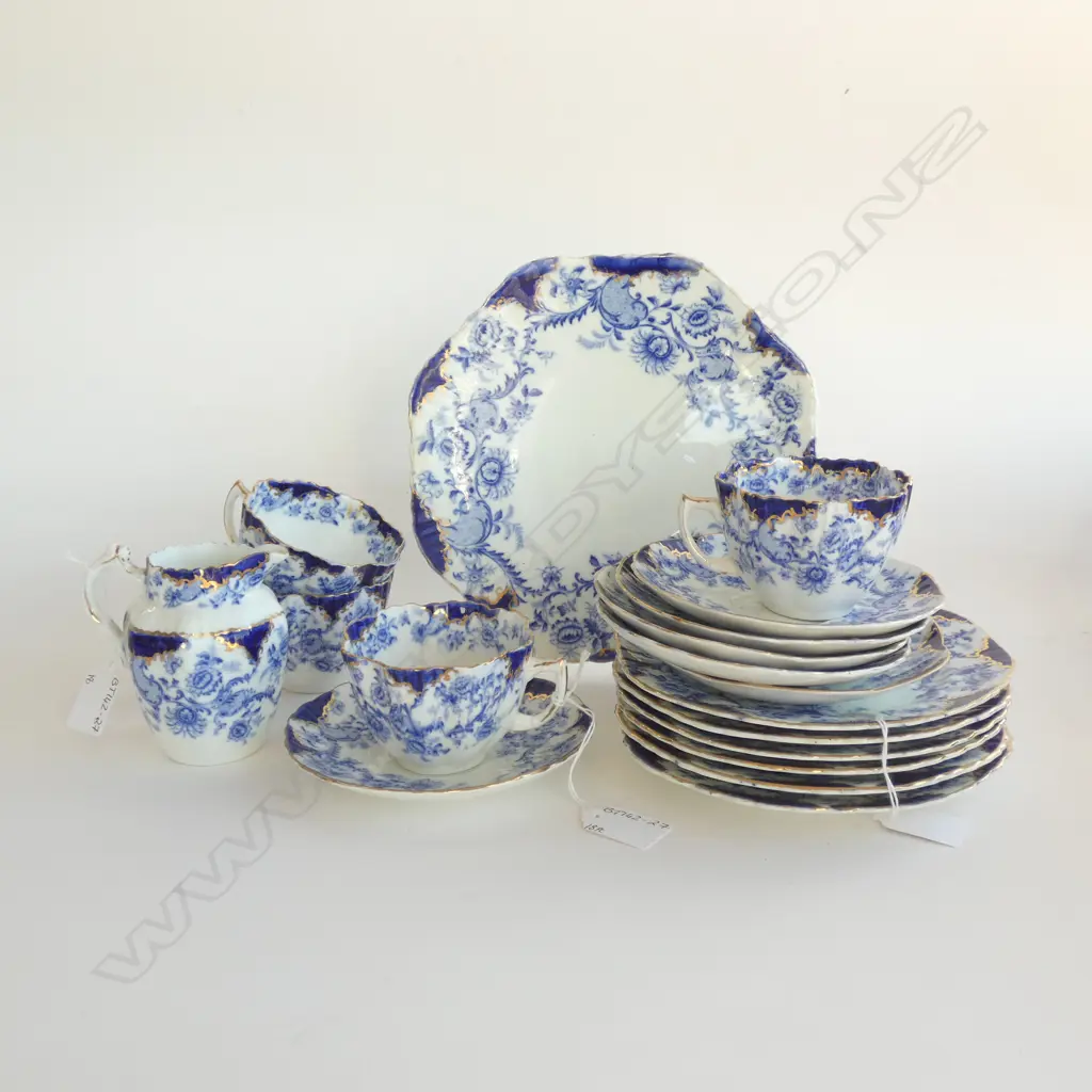 VICTORIAN BLUE & WHITE PART SEVRES SET - 18 PCES - 4 TRIOS / JUG / CAKE PLATE + 2 SPARE PLATES & SAUCERS Image 1++