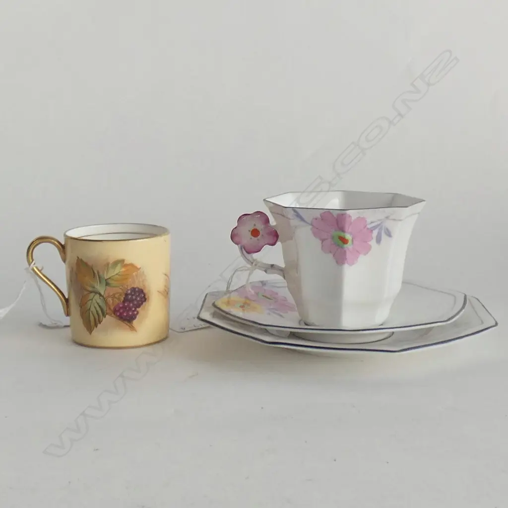 MELBA ART DECO TRIO WITH FLOWER HANDLE + AYNSLEY AUTUMN FRUITS SIGNED CUP  Image 1++