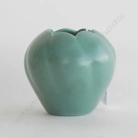 O.C. STEPHENS GREEN LOBED VASE. SIGNED. H.90mm