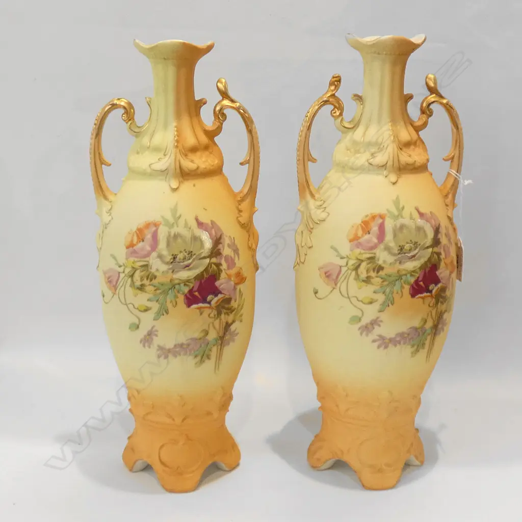 PR 19thC AUSTRIAN TALL MANTLE VASES PEACH GROUND w. POPPIES... Image 1++