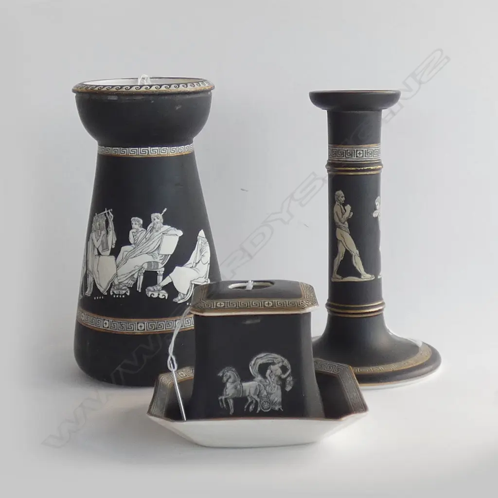 ANTIQUE PRATT WARE 'OLD GREEK' VASE (H 190MM) CANDLE HOLDER(H 180MM) TRINKET DISH & DRESSING TABLE LIDDED CONTAINER Image 1++