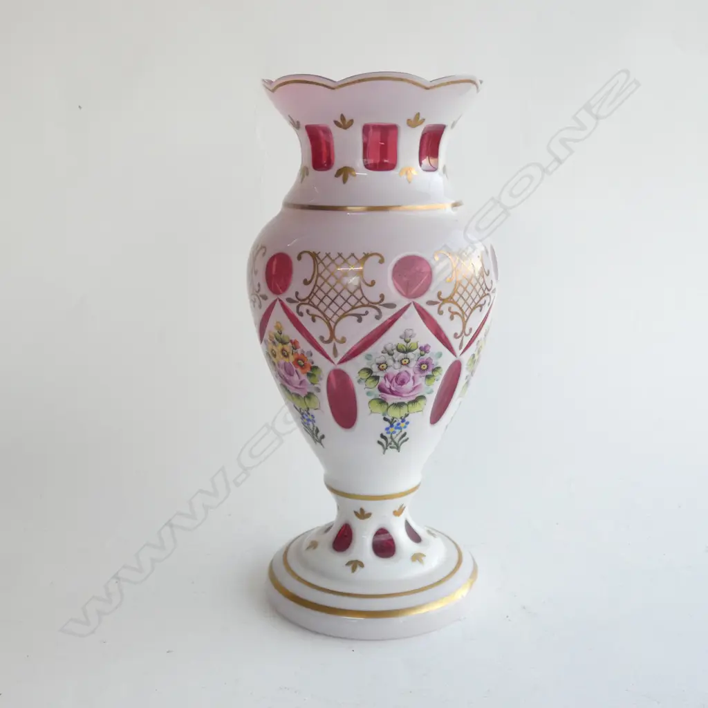 (17812) BOHEMIAN CASED GLASS HAND PAINTED VASE - WHITE CUT TO CRANBERRY  H  315MM Image 1++