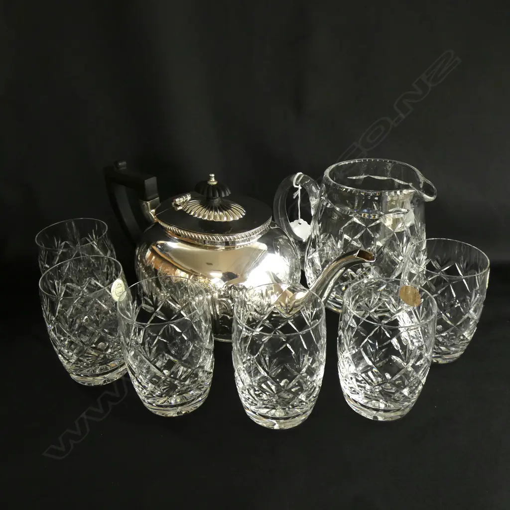 6 WEBB CORBETT CRYSTAL GLASSES H.95mm + JUG & EP TEAPOT Image 1++