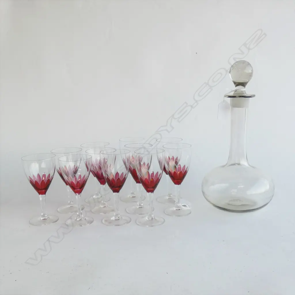 11 CRYSTAL & RUBY HAND  PAINTED LIQUEUR GLASSES (6 X H 125MM & 5 X H 115MM)) + VINTAGE ETCHED GLASS DECANTER (H 285MM) Image 1++
