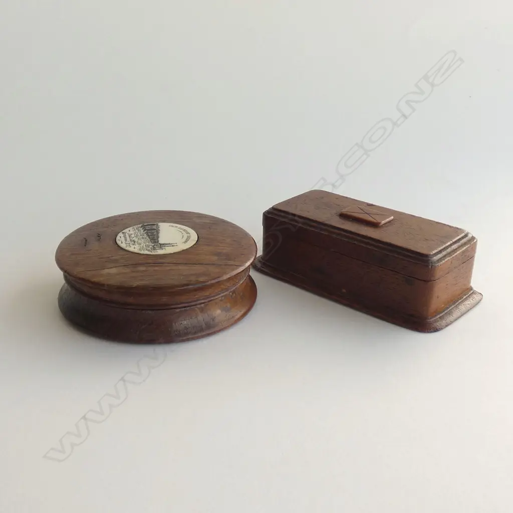 2 PCES TREEN; STAMP BOX + LIDDED BOX w. IVORY DETAIL 'OLD LONDON BRIDGE' 90mm dia Image 1++