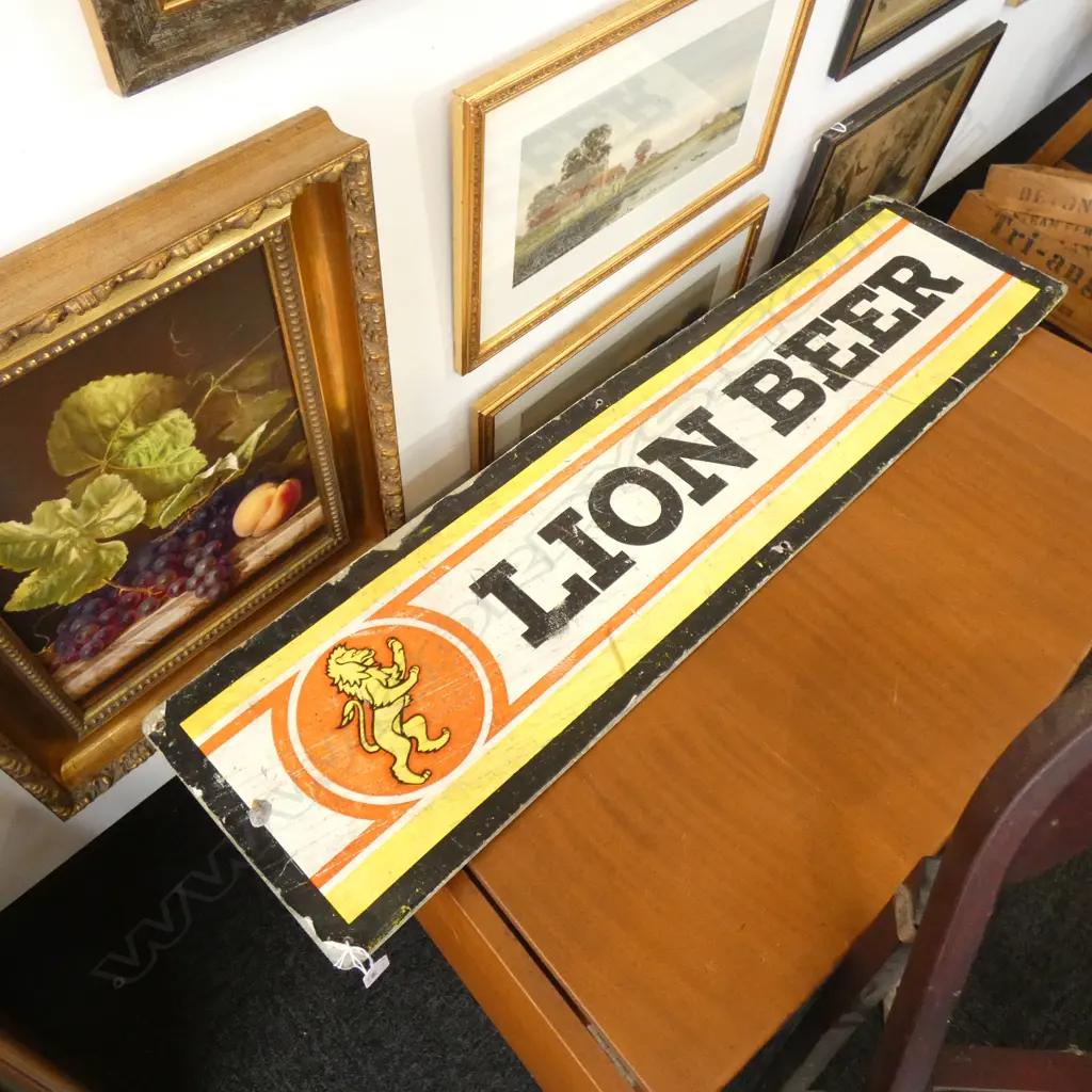 2 SIDED VINTAGE TIN SIGN 'BELL TEA: THE FAMOUS NZ BLEND' VERSO 'LION BEER' 280x1150mm Image 1++