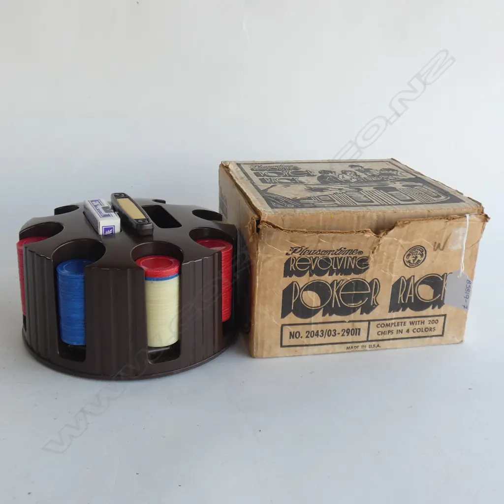 VINTAGE PLEASANTIME REVOLVING POKER RACK WITH CHIPS - IN ORIGINAL BOX Image 1++
