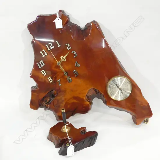 SWAMP KAURI CLOCK & BAROMETER (570MM)  - GOOD WORKING ORDER & PEN HOLDER
