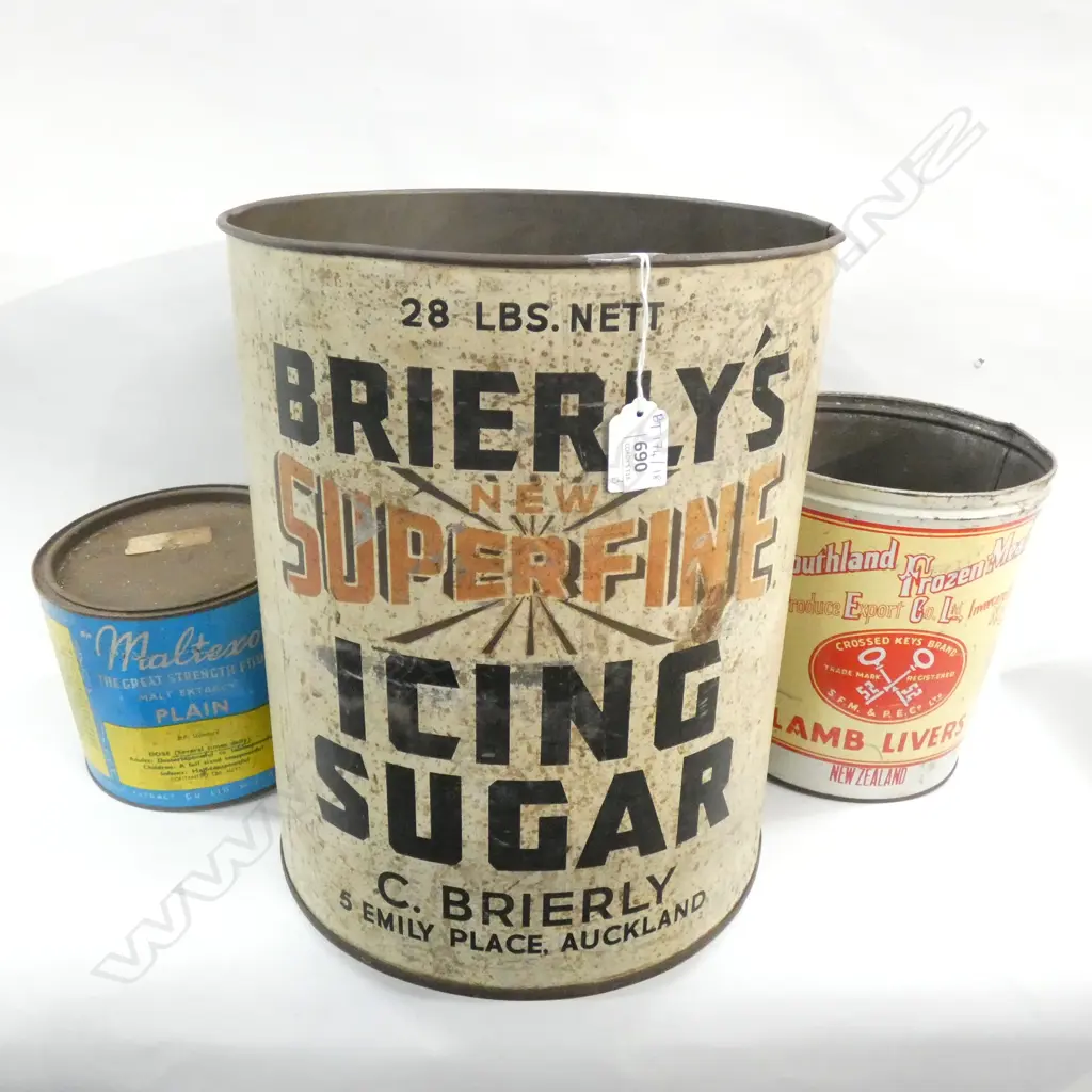 3 LARGE VINTAGE TINS; 'BRIERLYS SUPERFINE ICING SUGAR' H.345mm, 'SOUTHLAND FROZEN MEAT LAMB LIVERS' ETC Image 1++