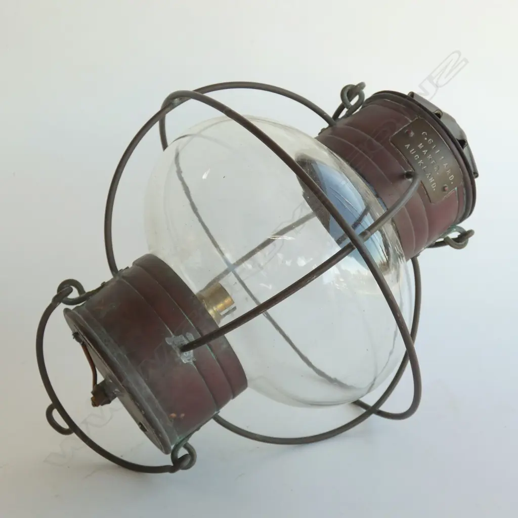 VINTAGE COPPER & GLASS ELECTRIFIED HANGING LAMP w. LABEL 'C. GILLARD MAKER AUCKLAND' H.300mm Image 1++