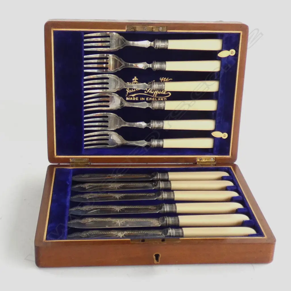 LARGE WHITE CHINA JUG & WALNUT CASED SET OF 'BONE' HANDLED FISH KNIVES & FORKS Image 1++
